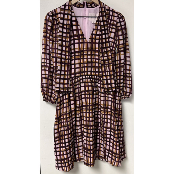 NEW Gal Meets Glam Lindsey 3/4 Slv Dress Sze 2 Windowpane Multi Tie Neck Pockets - Picture 3 of 13